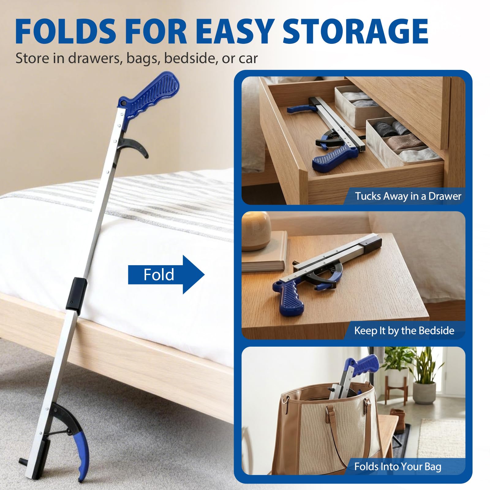 Blue Jay An Elite Healthcare Brand Nothing Beyond Your Reach Składany chwytak Reacher Długie narzędzie ręczne ze składanym uchwytem z magnetyczną końcówką | Długi ręczny uchwyt 81 cm