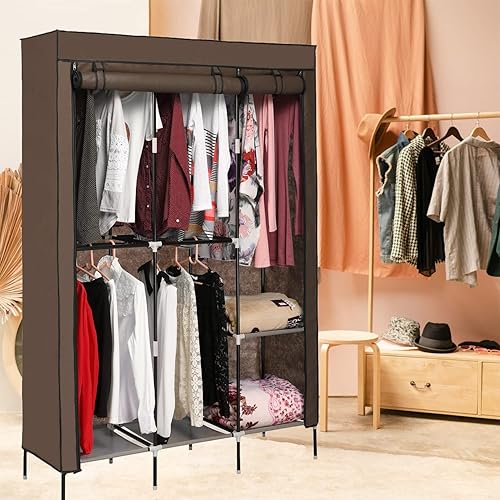 OppsDecor Armario de ropa portátil armario de almacenamiento portátil organizador de armario con 5 estantes para colgar fácil de montar marrón café