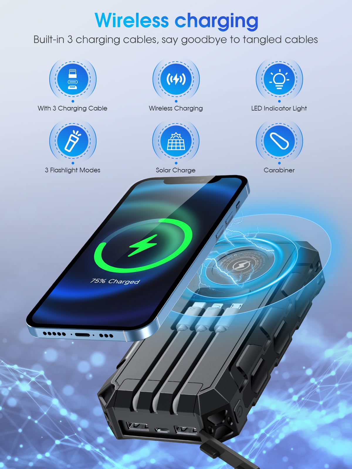52800mAh Batterie Externe Solaire Charge Rapide 15W Chargement sans Fil | 30W PD 3.0A USB C Power Bank avec 3 Câbles, 7 Sorties/2 Entrées, Lampe de poche, Voyant LED, Chargeur Externe pour Téléphone
