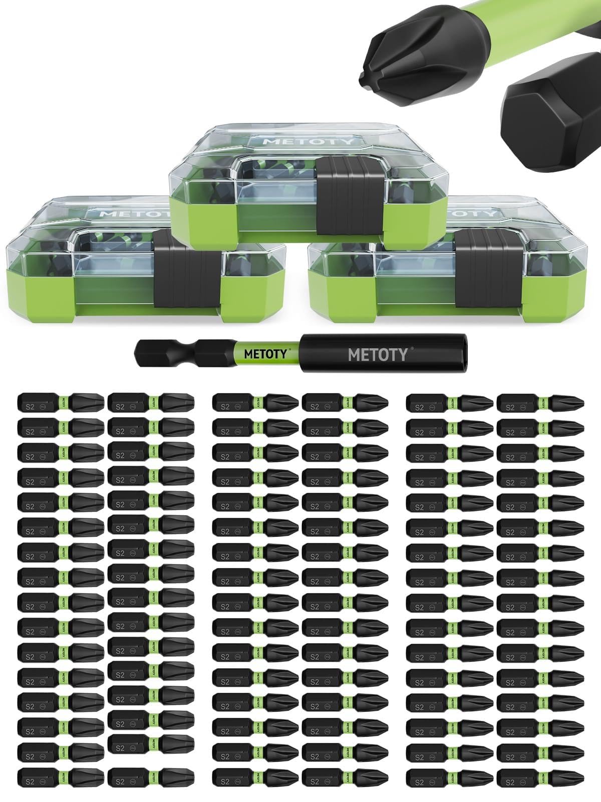 Set di 91 punte per cacciavite a percussione, punte magnetiche in acciaio S2 (PH1/PH2/PH3) in lunghezza 25 mm, dotate di asta di prolunga magnetica e base di archiviazione codificata