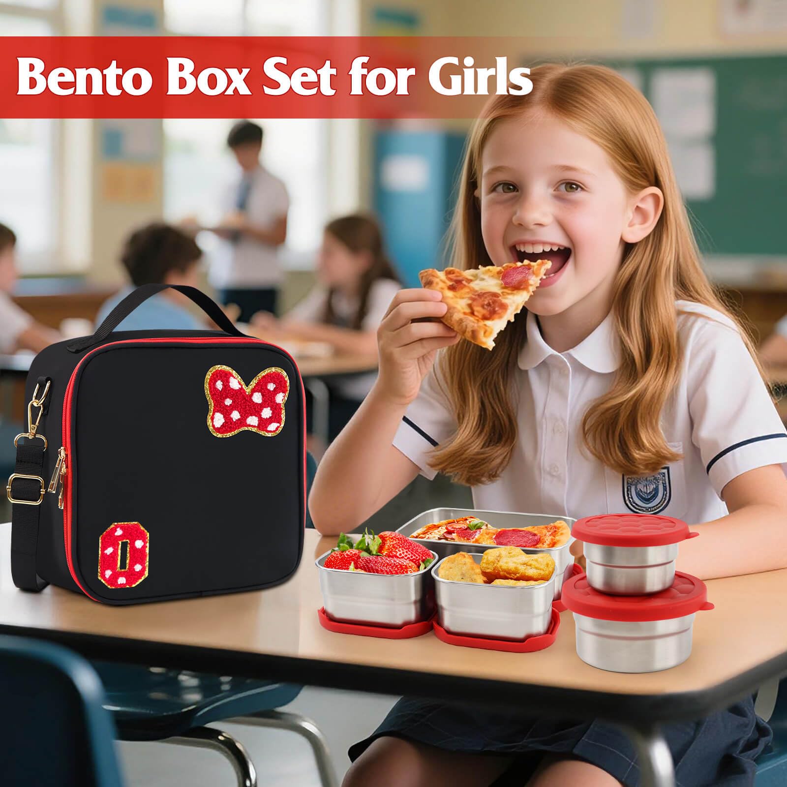Insulated Lunch Box Set, Bow Mouse Preppy Initial Lunch Bag With Stainless Steel Bento Box, Cooler Snack Food Containers Back To School Gift Girls Teens Kid Women For Picnic Park Work Travel Black O