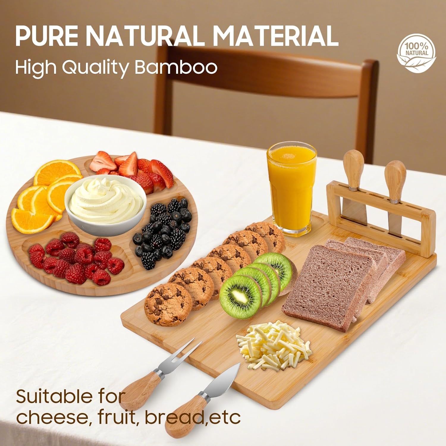Bamboo Charcuterie Board Set - Cheese Serving Platter with 4 Stainless Steel Knives and Fruit Tray - Elegant Cheese Board for Parties, Weddings, and Home Entertaining - Image 2