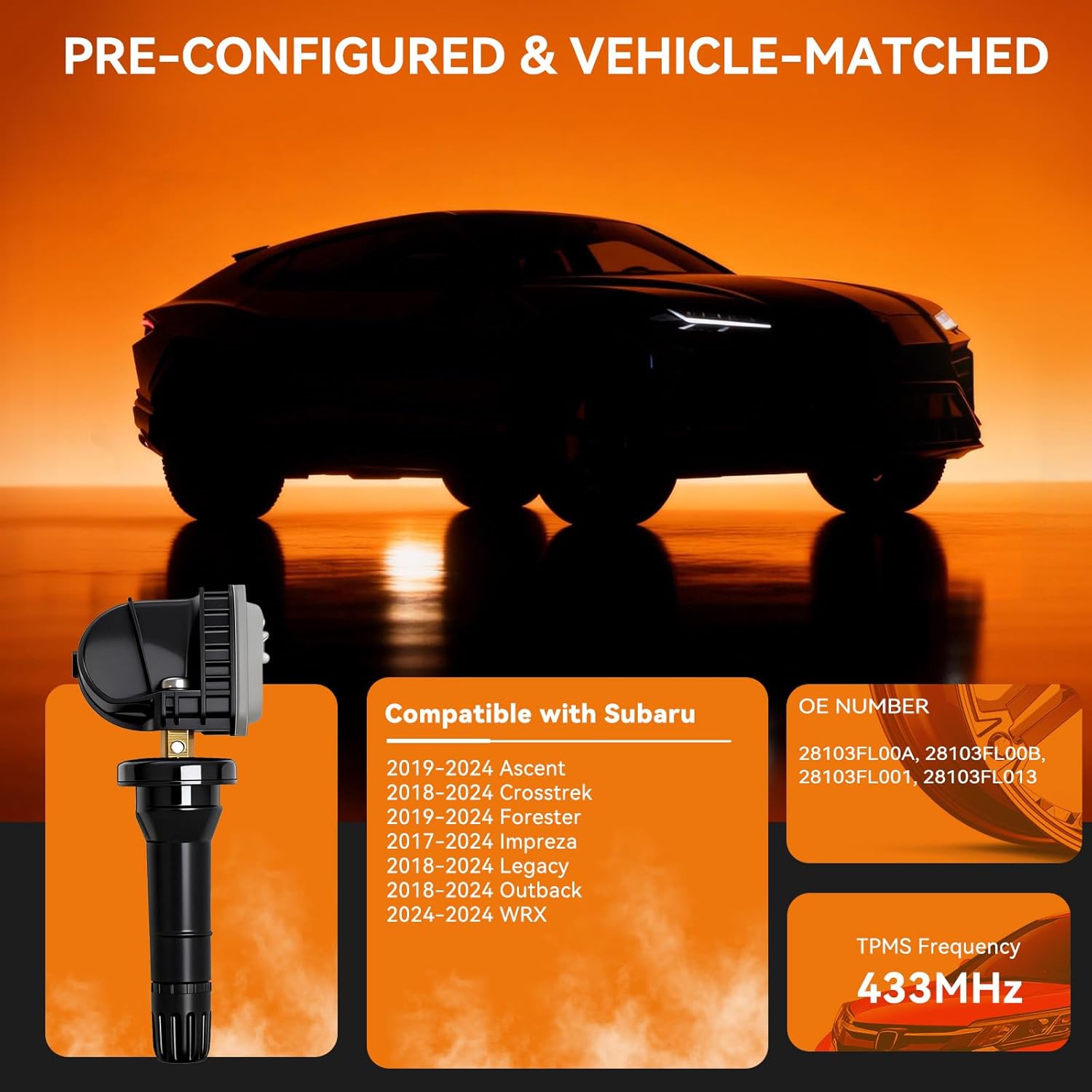 4PCS Pre-Programmed Tire Pressure Monitoring Sensor 433MHz TPMS 28103FL00A Fit for Subaru 2019-2024 Ascent 2018-2024 Crosstrek & Impreza 2019-2024 Forester 2017-2024 Legacy 2018-2024 Outback