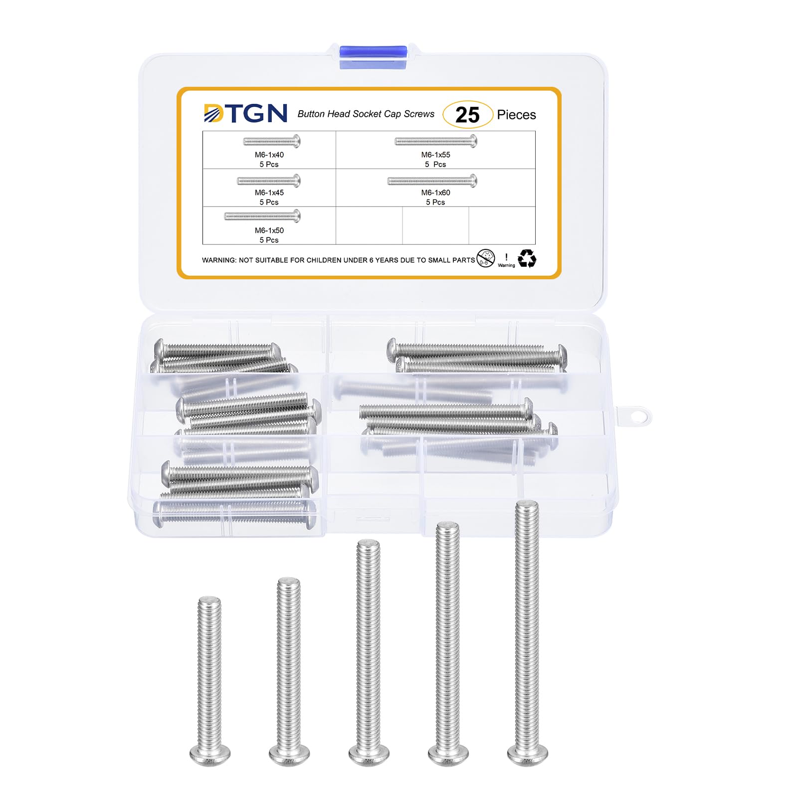 DTGN 25Pcs M6-1x40/45/50/55/60mm Button Head Socket Cap Screws, 304 Stainless Steel Bolt Nut Set Washer Assortment Kit