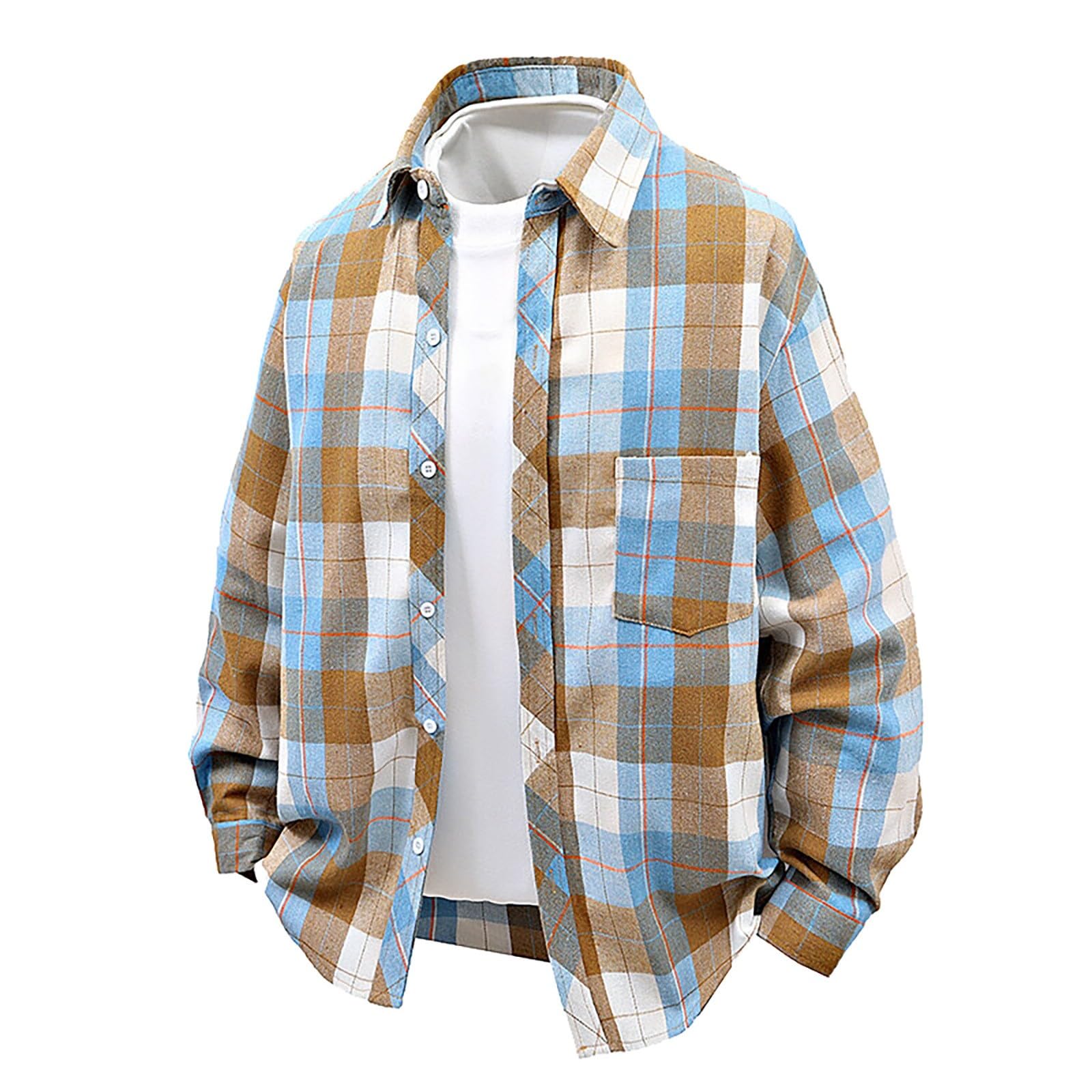 Camisa de franela ligera para hombre, de manga larga, a cuadros, corte holgado, camisa de franela, no necesita planchado, informal, con bolsillo en el pecho, ajuste normal, camisa a cuadros