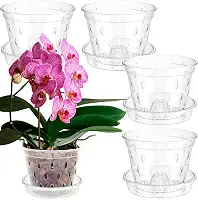 Pacote com 5 potes de orquídea, vasos de orquídeas transparentes com furos e pires para replantação, plantador de orquídeas com fenda, plantador de orquídeas de plástico para plantas internas