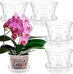 Pacote com 5 potes de orquídea, vasos de orquídeas transparentes com furos e pires para replantação, plantador de orquídeas com fenda, plantador de orquídeas de plástico para plantas internas