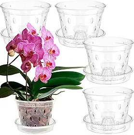 Pacote com 5 potes de orquídea, vasos de orquídeas transparentes com furos e pires para replantação, plantador de orquídeas com fenda, plantador de orquídeas de plástico para plantas internas