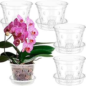 Pacote com 5 potes de orquídea, vasos de orquídeas transparentes com furos e pires para replantação, plantador de orquídeas com fenda, plantador de orquídeas de plástico para plantas internas