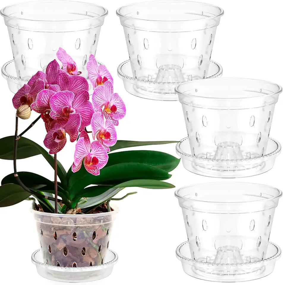 Pacote com 5 potes de orquídea, vasos de orquídeas transparentes com furos e pires para replantação, plantador de orquídeas com fenda, plantador de orquídeas de plástico para plantas internas