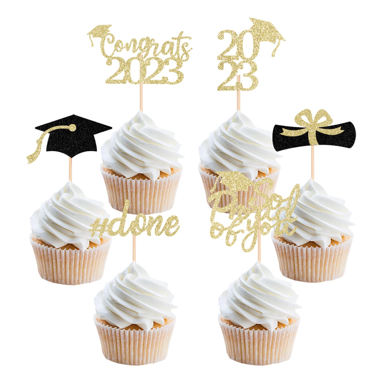 Gexolenu 36 pcs Gold Glitter Double-Sided Class of 2023 Graduation Cupcake Toppers, Grad Cap Cake Toppers for Graduation Party Supplies, 2023 Graduate Party Cake Picks Graduation Decorations