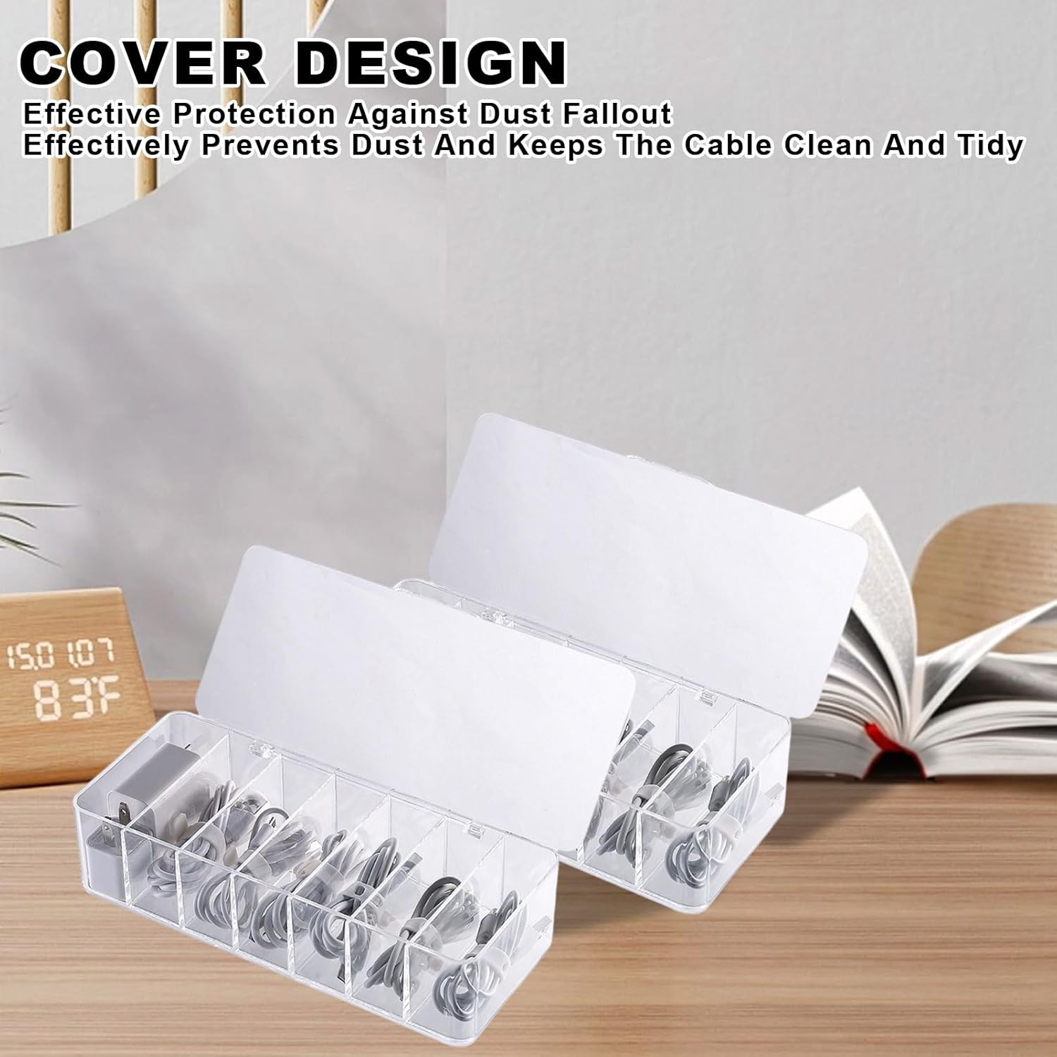 2Pcs Cable Organizer Box with 20 Wire Ties, Clear Plastic 7 Compartments Cord Storage Box with Lid Electronics Organizer for Home Office Desk Organizers and Accessories