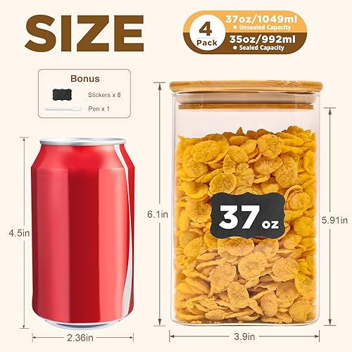 Miniatura 3 de Tarros cuadrados de vidrio para almacenamiento de alimentos, 37 onzas, paquete de 4 tarros de vidrio con tapas de bambú, recipientes de