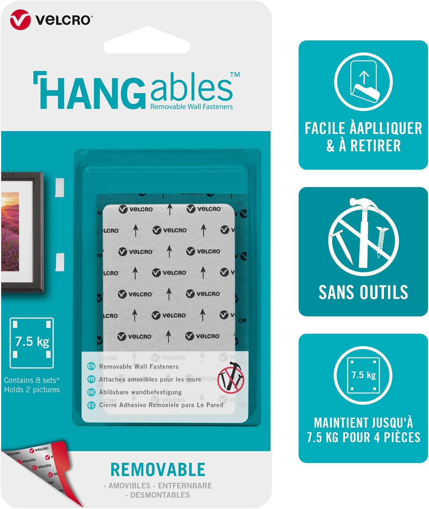 VELCRO Brand HANGables Removable Wall Fasteners | Strong Adhesive Hold, Up to 7.5 kg / 16 ½ lb (per set of 4) | Easy-to-Remove from Wall, Firm Hold to Frame or Mirror | 1 ¾ x 3in strips, 8 sets, White