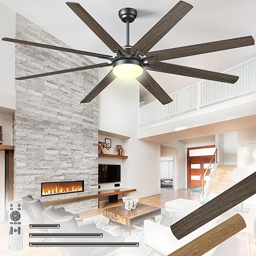 72 Inch Large Ceiling Fans with Lights and Remote, Black Ceiling Fan with Quiet DC Motor, 3CCT Dimmable, 3 Downrods, 8 Dual Finish Blades Industrial Ceiling Fan for Kitchen Living Room Patio