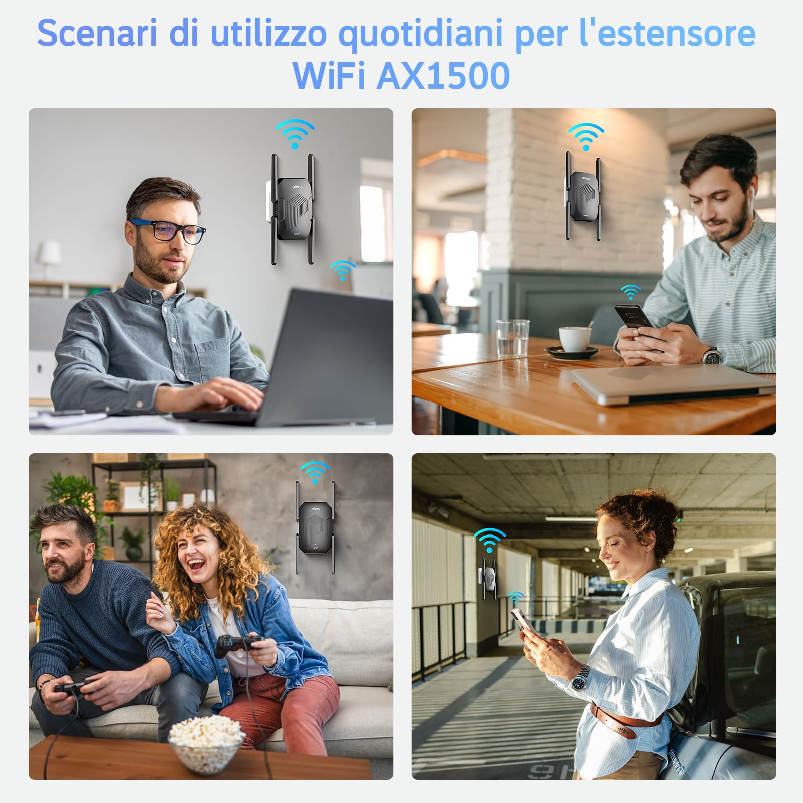 Ripetitore WiFi 6 Potente per Casa: 1500Mbps WiFi Extender Dual Band | 2,4GHz/5GHz, Copertura 800+ m², Porta Ethernet, 4*6dBi Antenne,3 Modalità,Stabile Della Rete Domestica,Uffici, Gaming, Scuole