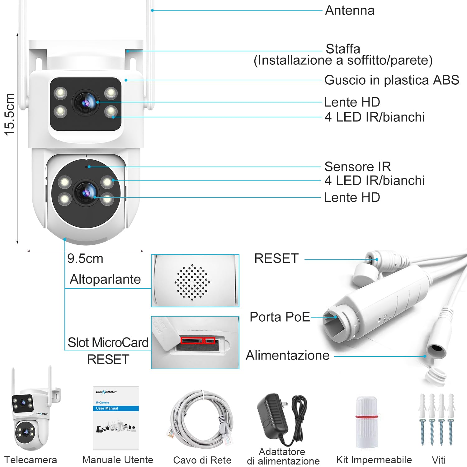 GENBOLT Telecamera WiFi Esterna Doppia Lente PTZ Videocamera Sorveglianza | 2.4/5Ghz, PoE, Registrazione 24/7, Archiviazione Cloud, Visione Notturna Colore, Inseguimento Auto, Rilevamento Umano