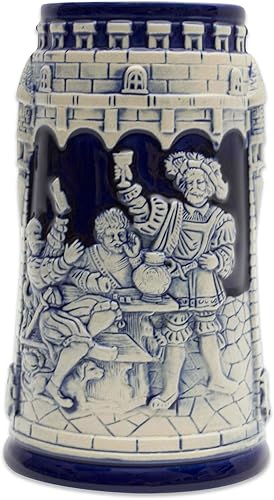 Vaso de cerveza azul cobalto grabado festivo del castillo alemán coleccionable