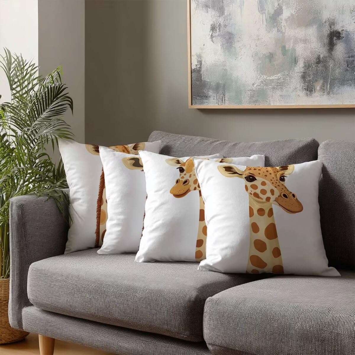 Federe Cuscini Divano 60x60 cm, Bianco Cuscini per Divano, Velluto Federe Cuscino Letto Impermeabili Set da 4, Copricuscini Giraffa Motivo con Cerniera Invisibile Design per Sofá, Regalo Donna F-85