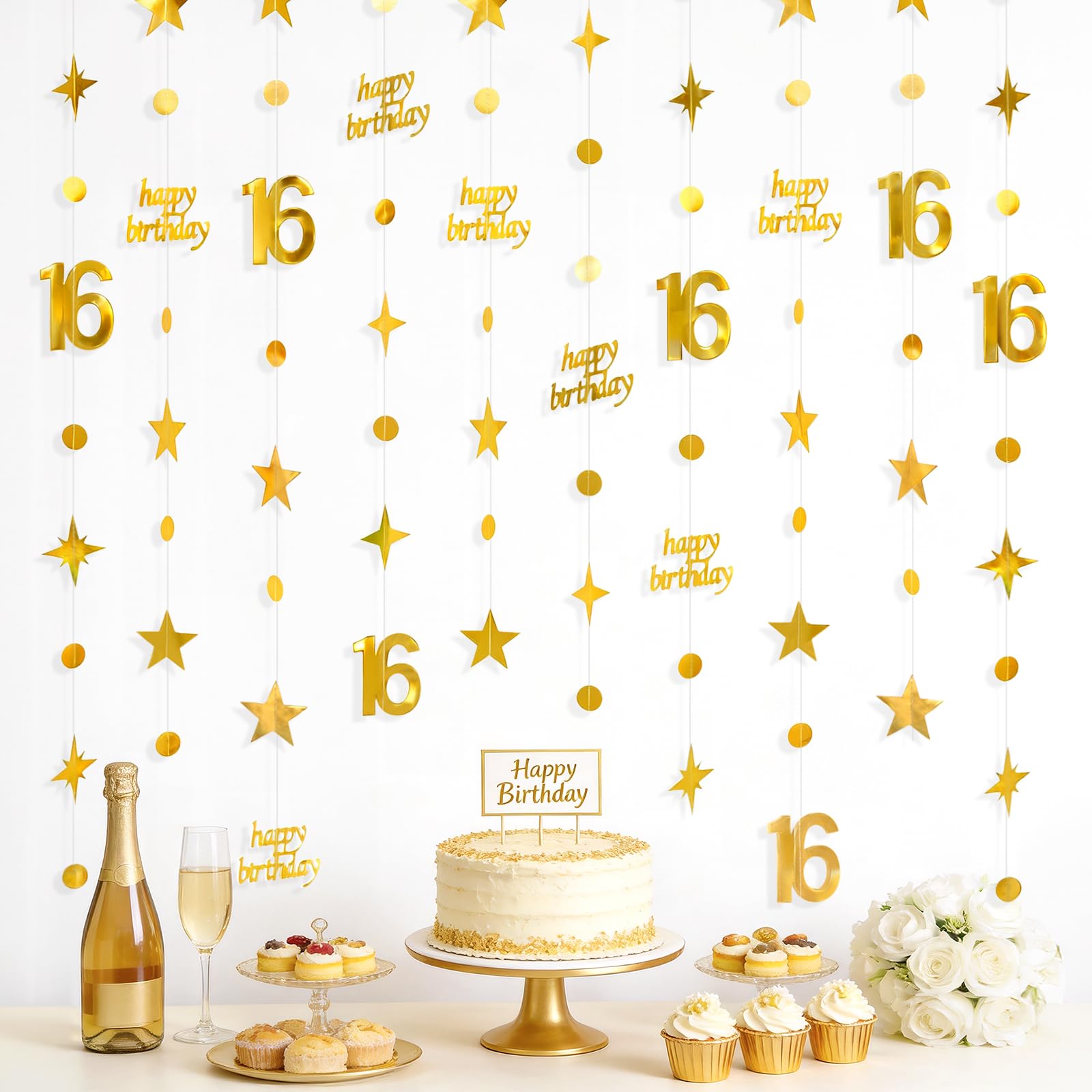 G2PLUS 16th Birthday Paper Garland: 4PCS Gold Hanging Paper Garland, 14m Backdrop Streamers, Hanging Party Decorations for 16th Birthday