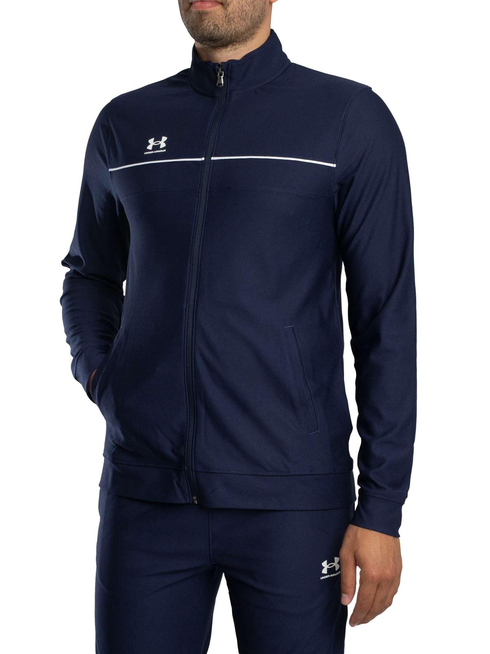 Under Armour Męski dres treningowy Challenger, męski dres treningowy z szybkoschnącym materiałem i zamkami do kostki, wygodna i wytrzymała odzież na siłownię do uprawiania sportu i treningu, granatowy