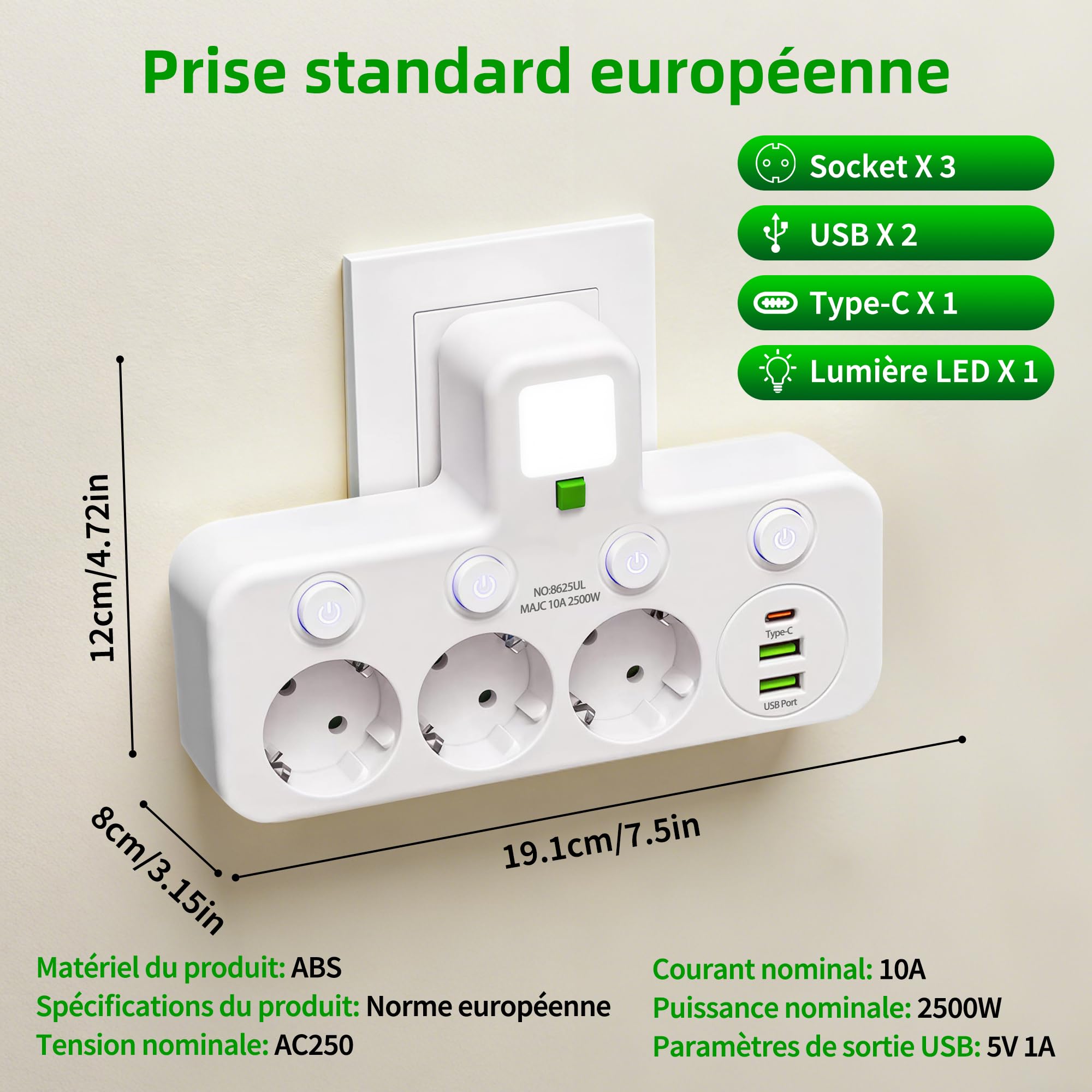 Multipresa con interruttore singolo, multipresa a muro con USB