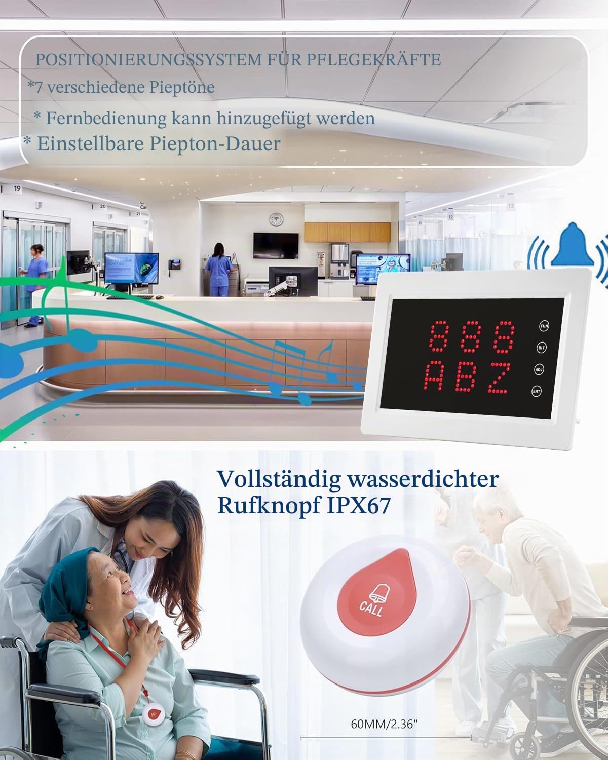 Rufsystem Notrufknopf für Senioren,Drahtloses Paging Anrufsystem kabelloses Anrufsystem für Pflegepersonen, mit Display-Empfänger, für Krankenhaus, Klinik(2DO1-10)