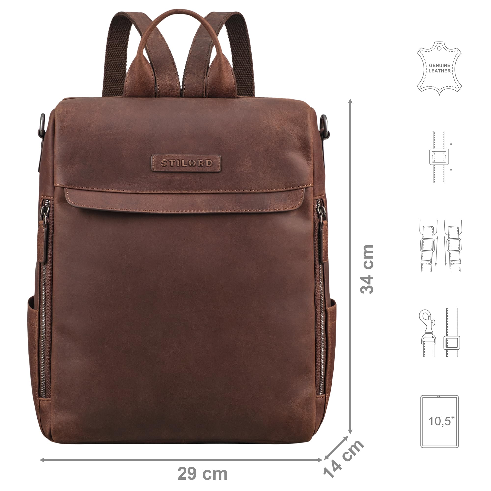 STILORD "Tarik" Zaino in Pelle Antifurto per Tablet Fino a 10,5 Pollici, per Studenti, Laptop, Città e Viaggio Colore:sapelli - marrone