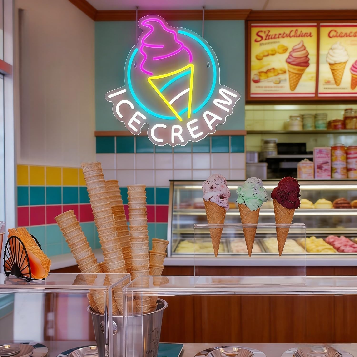 Ice Cream Neon Sign, Dimmable LED Neon Light for Ice Cream Shop, Snack Bar, Coffee Store Window Wall Decor, Business Art Decoration for Bedroom Party Background Display USB Powered