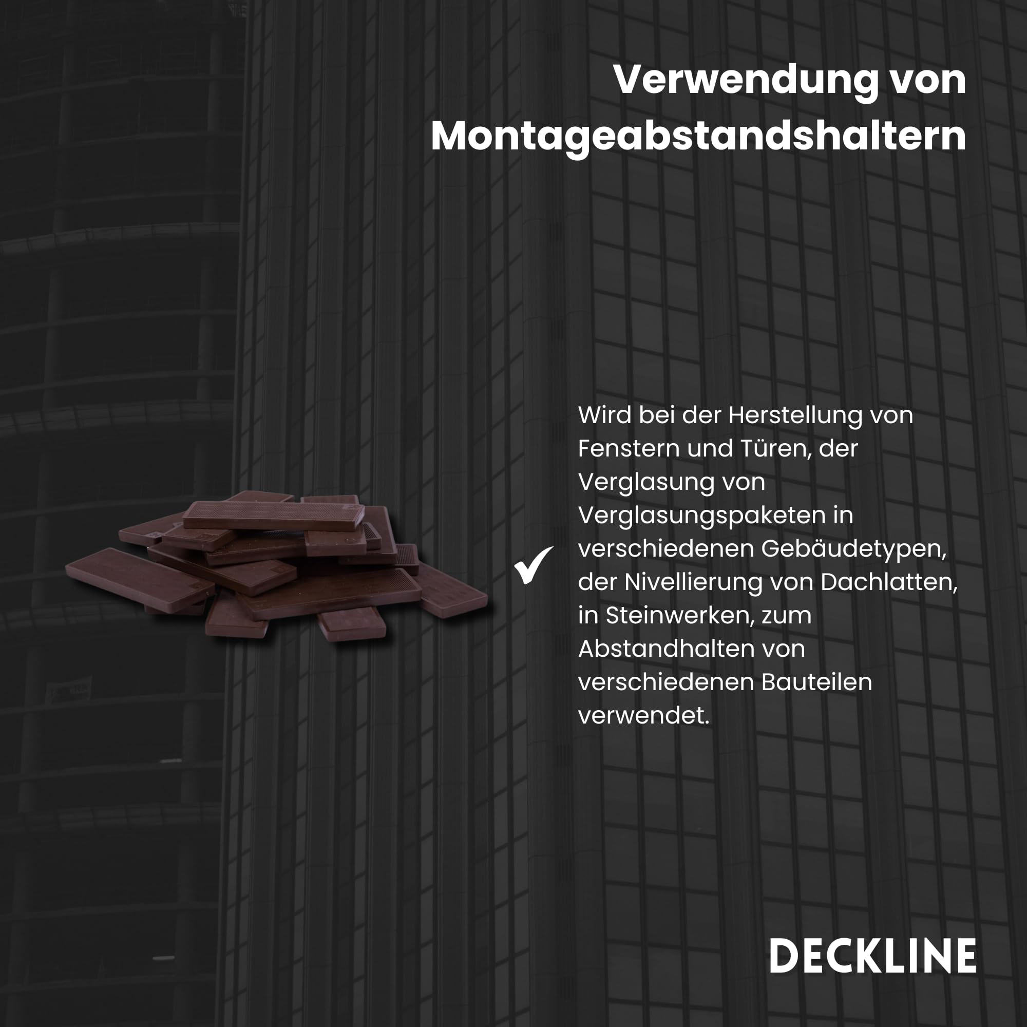 Abstandshalter Kunststoff - 100 Stück - 34 x 100 x 7 mm - Set - Distanzklötze für Fußböden, Fenstern, Türen - Verglasungsklötze - Unterlegplatten - Fensterklötze
