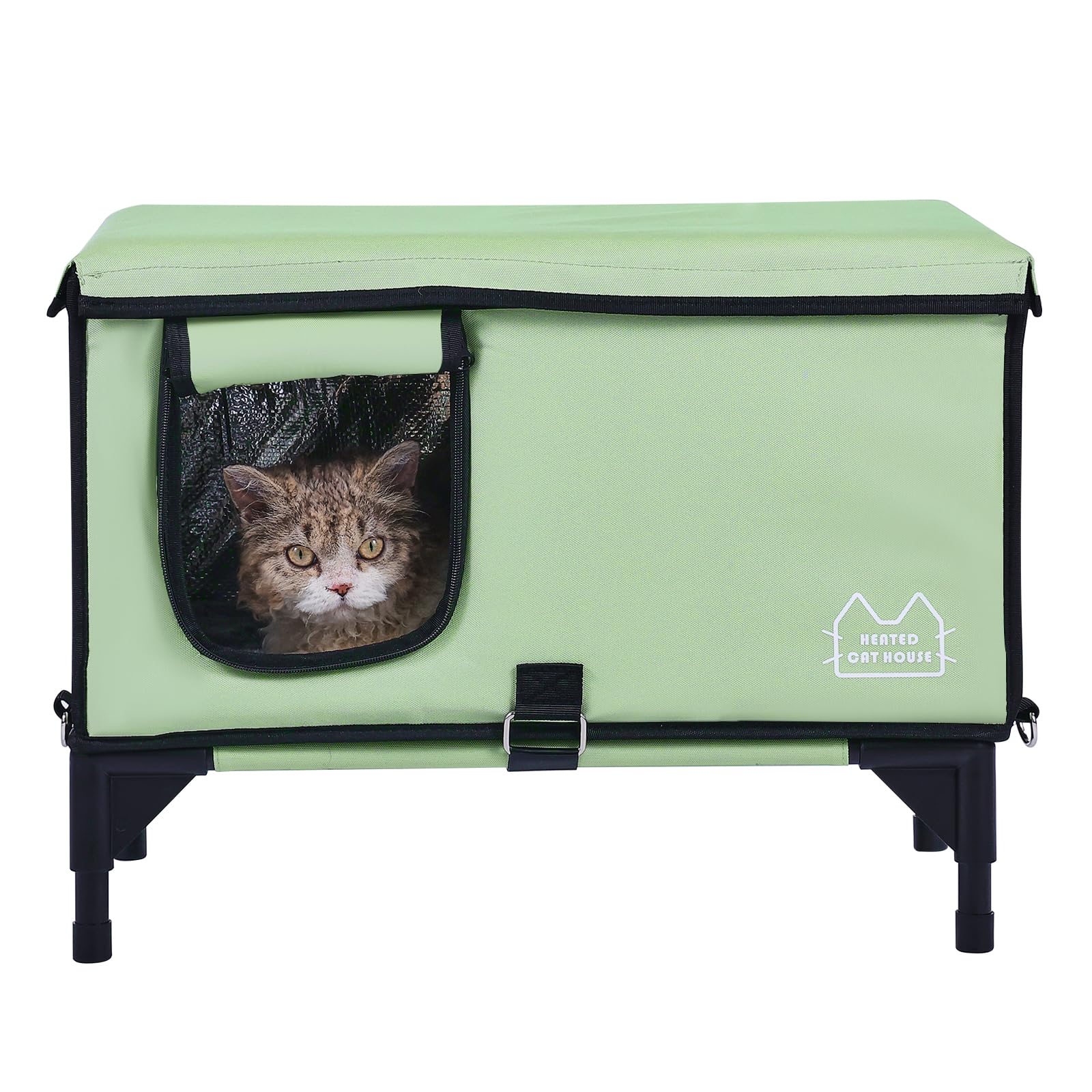 VEVOR Casa Elevada con Calefacción para Gatos 53 x 33 x 42 cm Refugio Plegable de Tela Oxford 900D para Gatos en Forma de Cubo con Temperatura Ajustable y Temporizador, Almohadilla Térmica, Verde (M)