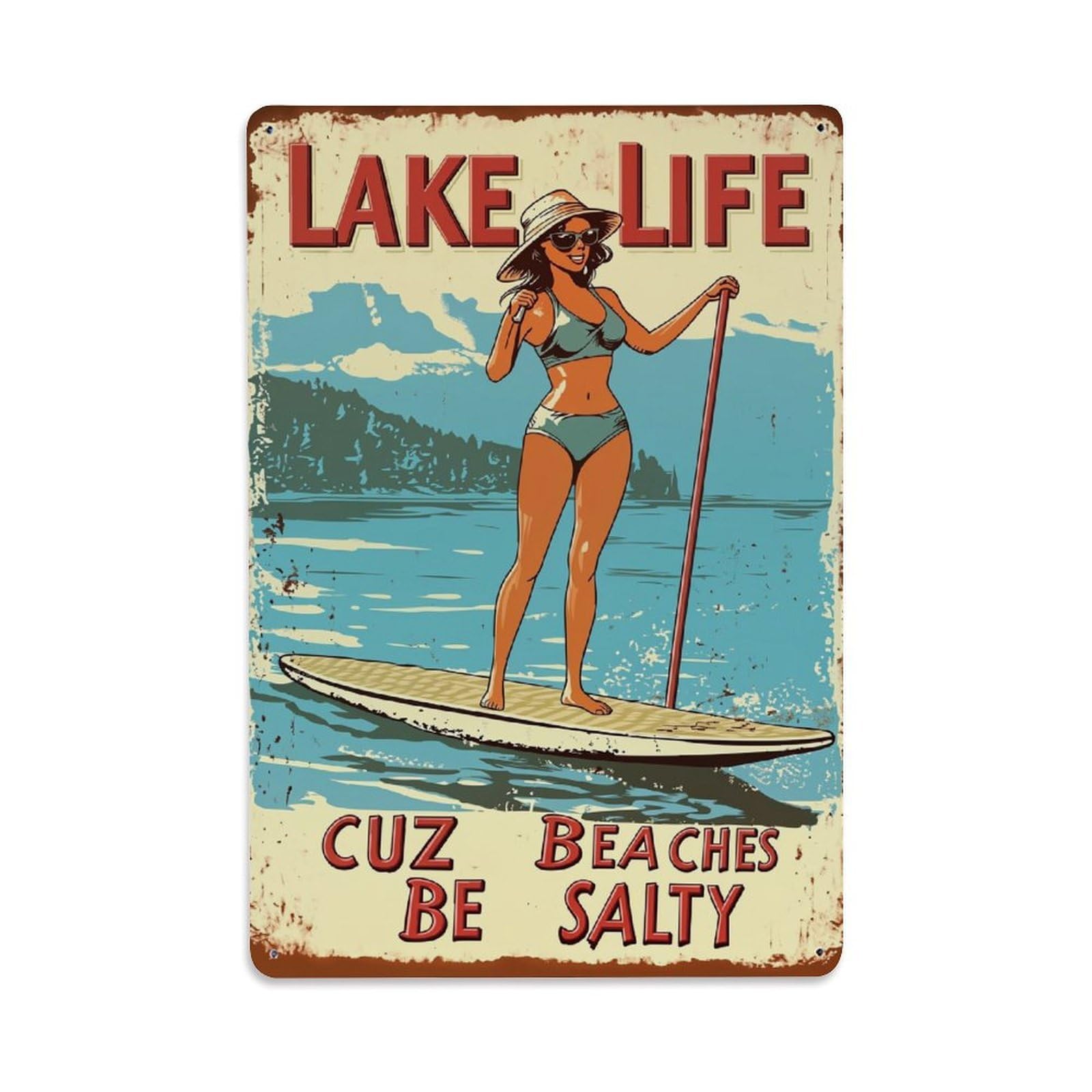 Nestemfo Vintage Lake Life Woman Paddleboard Poster Tin Sign Metal Sign, Living Room,Bar, Home, Bedroom Wall Decor,Retro Metal Poster 8X12 Inches