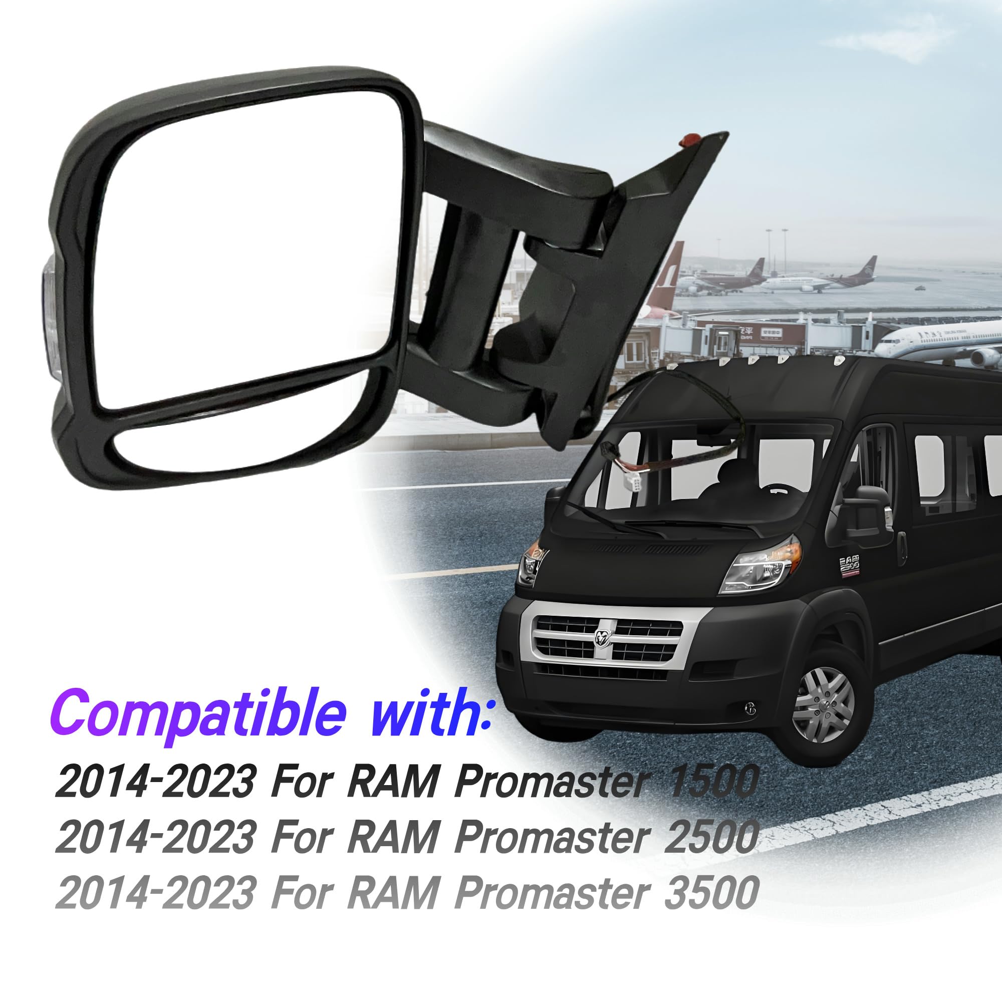 Passenger Right Side Mirror Replacement Power Door Mirror Signal Light Fit Ram Promaster 1500, 2500, 3500, New Six, Work Van