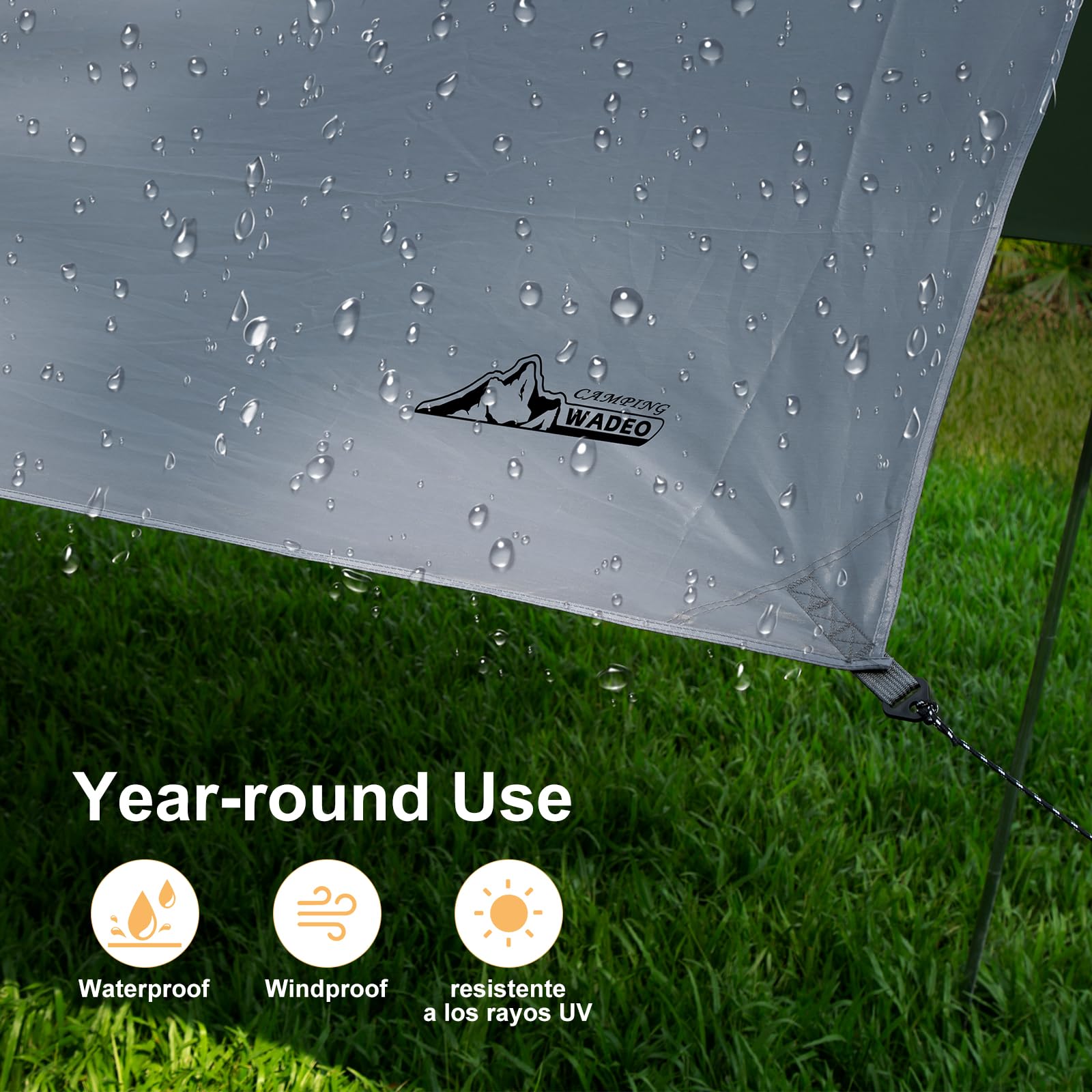 WADEO Lona para Tienda de Campaña 3,6 x 4,8 m, Lona para Camping con Postes + Estacas + Cuerdas tensoras, Impermeable, Ultraligera y Anti-UV, Ideal para Acampar Senderismo Picnic al Aire Libre - Gris