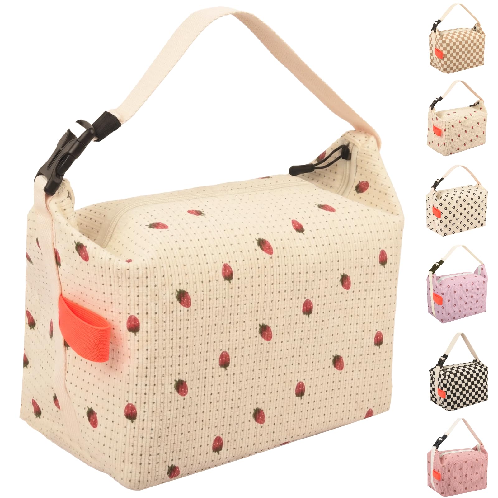 Arae Large Capacity Lunch Bag with Thick Aluminum Foil Insulation, Waterproof and Oil-Resistant Bento Pouch, Corduroy Material for Food Storage, Extend Strawberry - Beige โ image 1