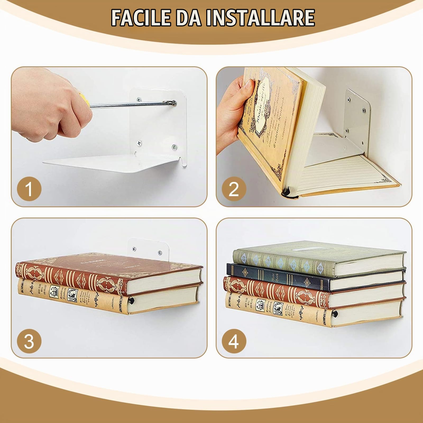 4 Pcs Mensole da Muro per Libri, Librerie Mensole da Muro Bianche, Mensole Sospese Invisibili Metallo, Libreria a Muro Sospesa, Scaffale da Parete in Metallo per Cameretta Bagno Cucina Ufficio Salotto