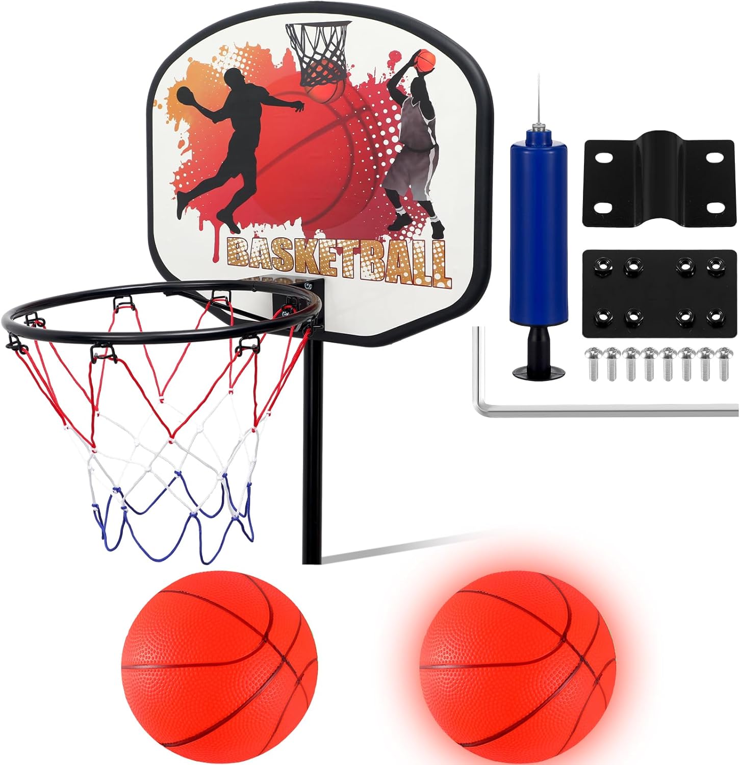 Trampoline Basketball Hoop, Basketball Hoop for Trampoline Fit for Straight Poles Trampoline Basketball Hoop Attachment with 2 Mini Basketball and Pump