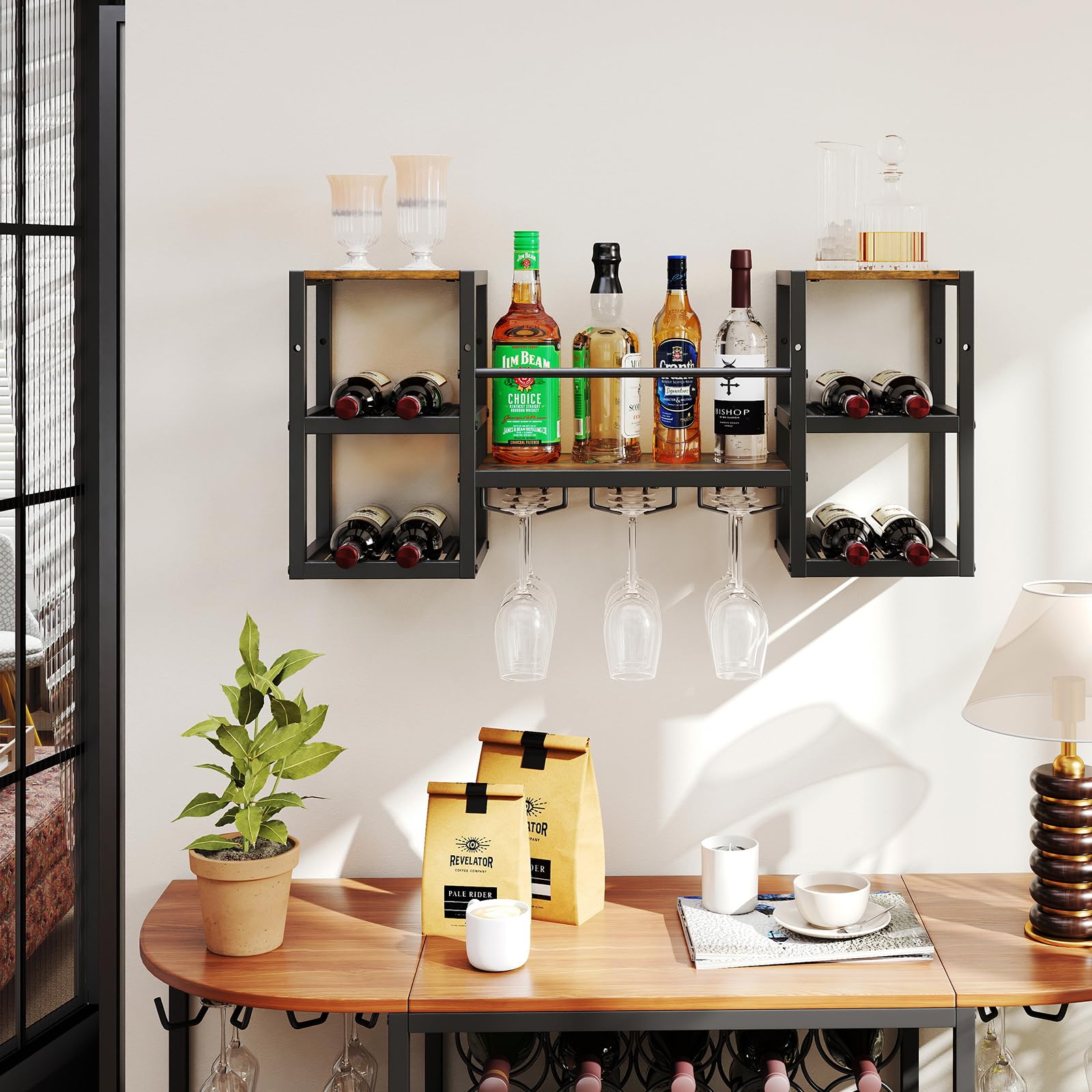 RELAX4LIFE Scaffale da Parete per Vini, Portabottiglie Sospeso con Portabicchieri, Ripiani Aperti, Struttura in Metallo, Stile Industriale, per Cucina, Bar, Sala da Pranzo, 89 x 25 x 40 cm