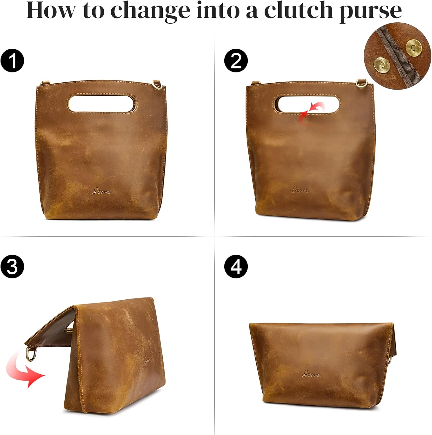 S-ZONE Women Vintage Genuine Leather Crossbody Bag Distressed Foldable Clutch Top Handle Handbag Purse - Image 6