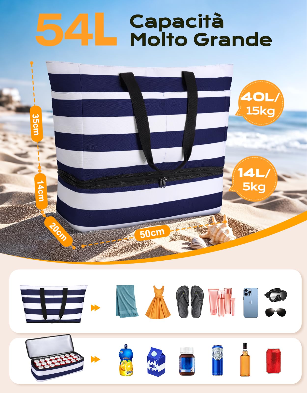 CIRYCASE Borsa Mare Grande con Termica XXL, 54L Borsa da Spiaggia Viaggio Impermeabile, Pieghevole Borsone Mano Tote Bag Multitasche, Borse per Attrezzatura da Nuoto Famiglia/Shopping/Palestra/Vacanze