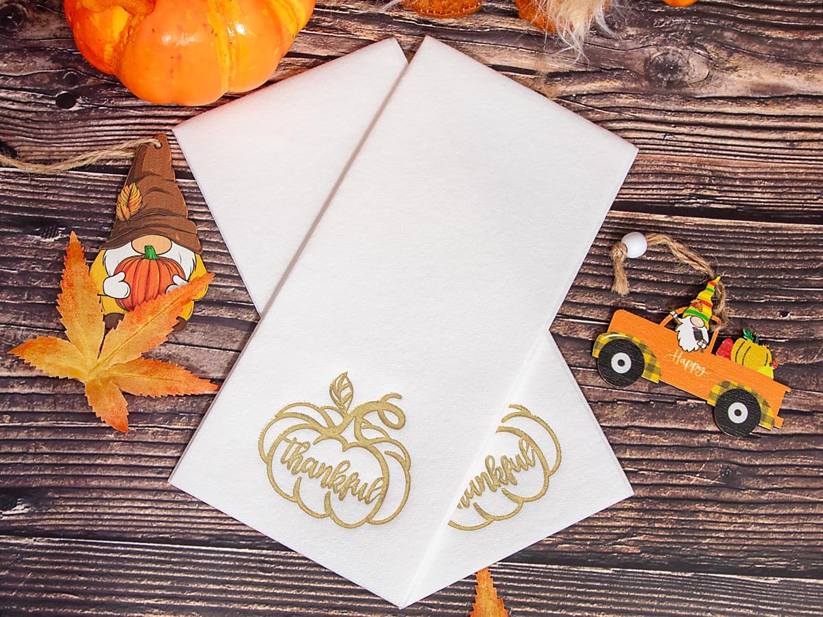 Nervure 50 PCS Thanksgiving Paper Napkins - Cloth Like Paper Napkins with Gold Pumpkin - 125PCS White and Gold Rim Plastic Plates