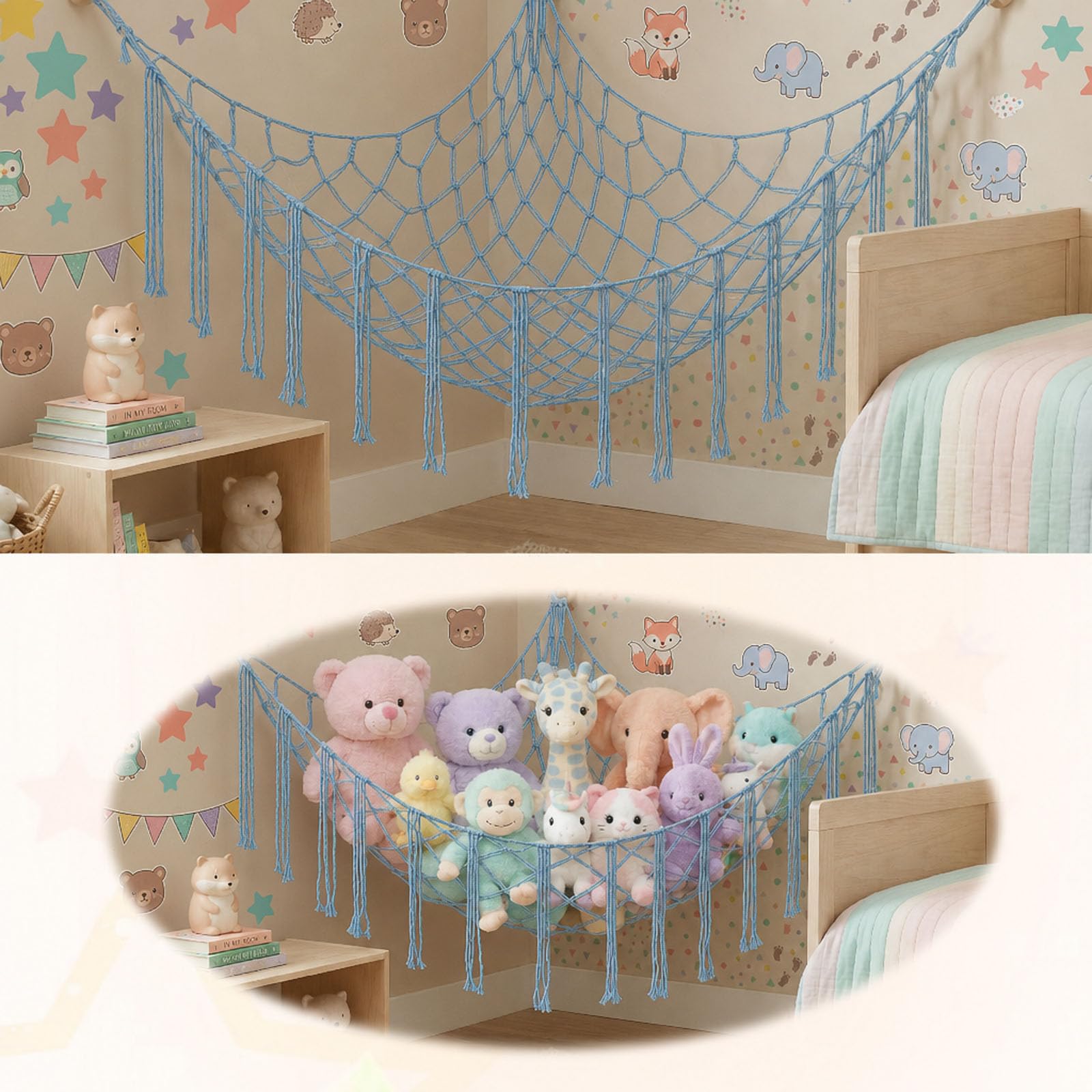 Toy Hammock For Stuffed Animals, Teddy Hammock Toy Storage Net, Macrame Teddy Bear Storage, Hanging Boho Plush Teddy Net For Baby Kids Bedroom Accessories Nursery Preppy Room Decor (Blue)