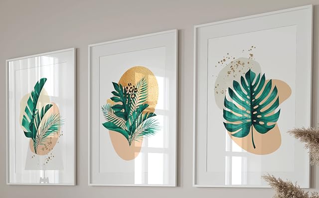 Botanical Wall Art Set of 3 Unframed Prints, Abstract Tropical Plant Decor, Living Room Bedroom Poster Home Decor, Cheese Plant Leaves Gold Green (A3)