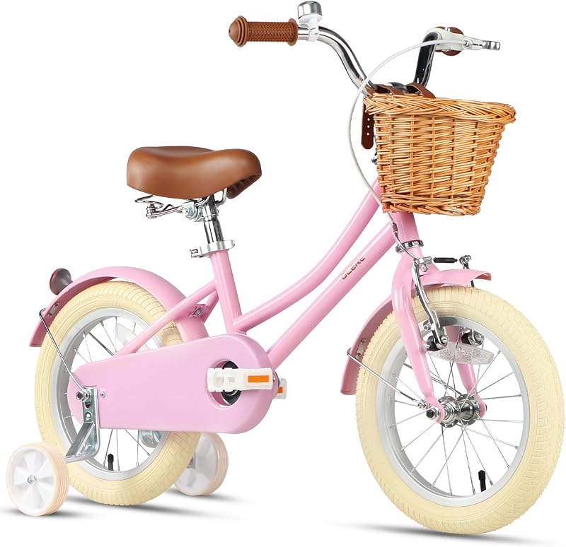 Glerc Little Molly Bicicleta de crucero retro para niños de 12 a 20 pulgadas para niños de 2 a 13 años con cesta de mimbre y ruedas de entrenamiento/pata de cabra, varios colores