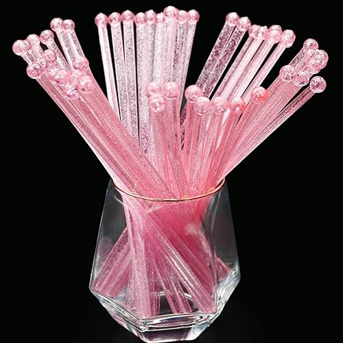 hapray 200 palitos de plástico con purpurina rosa, paletas de cristal, agitadores de bebidas de café, palito de piruleta, 7.24 pulgadas