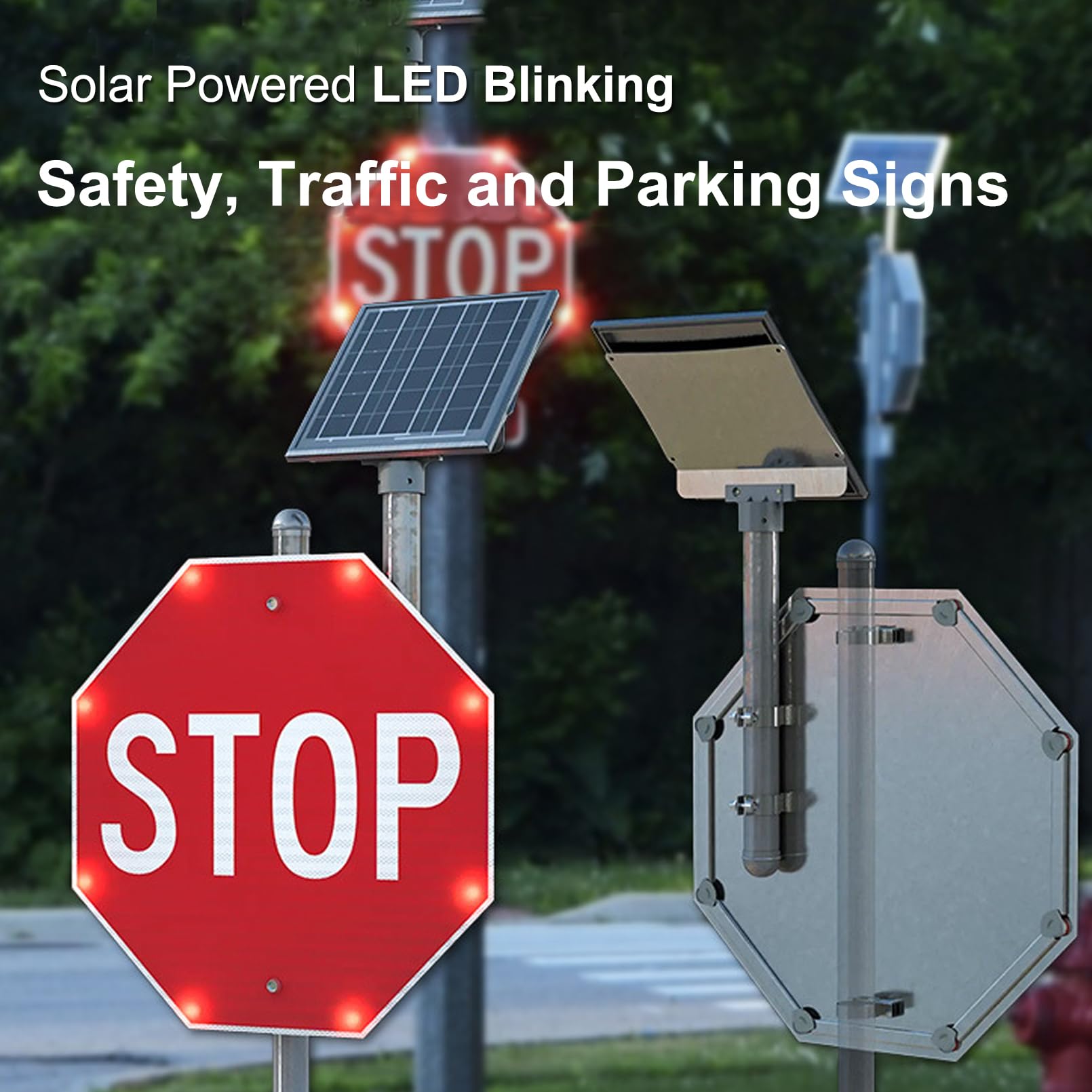 Señales solares de parada de tráfico, 61 cm, LED intermitente, marco de metal resistente, IP65, reflectante de ingeniero, borde amarillo + "STOP" amarillo, aceptar personalización