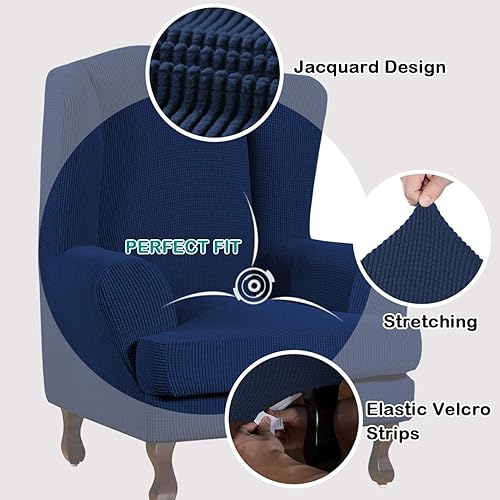 Miniatura 3 de Turquoize Fundas para silla Wingback, fundas elásticas para sillas de respaldo alado, tela jacquard de elastano con parte inferior elástica, funda