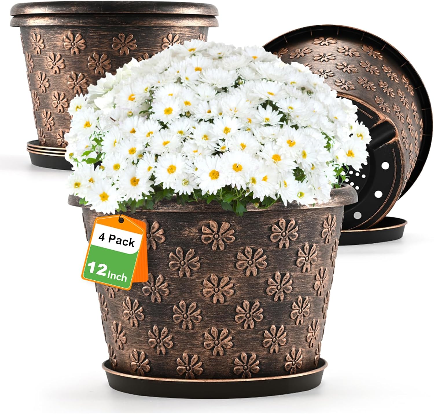 16 Inch Planter Pots for Plants, Plastic Large Flower Pots Indoor Outdoor, 4 Pack Resin Plant Pot with Drainage & Saucer, Retro Decorative Garden Pot with Removable Trays for House