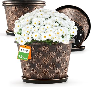 12 Inch Planter Pots for Plants, Plastic Large Flower Pots Indoor Outdoor, 4 Pack Resin Plant Pot with Drainage & Saucer, Retro Decorative Garden Pot with Removable Trays for House