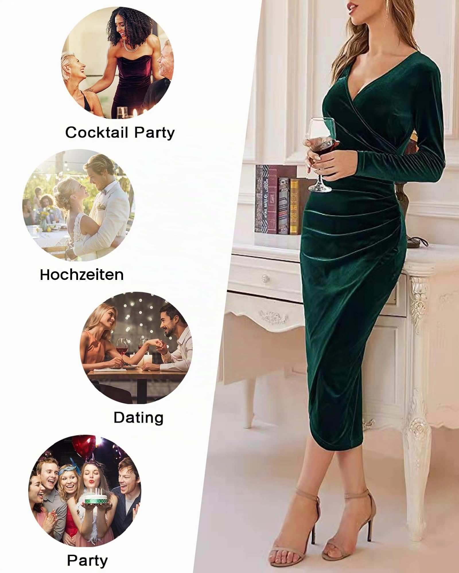 CheChury Damen Winterkleid Elegant Retro Kleider Winter Samtkleid Damen Cocktailkleid V-Ausschnitt Kleid Langarm Festliche Kleider für Hochzeit Vintage Kleid Abendkleider Silvester Kleid